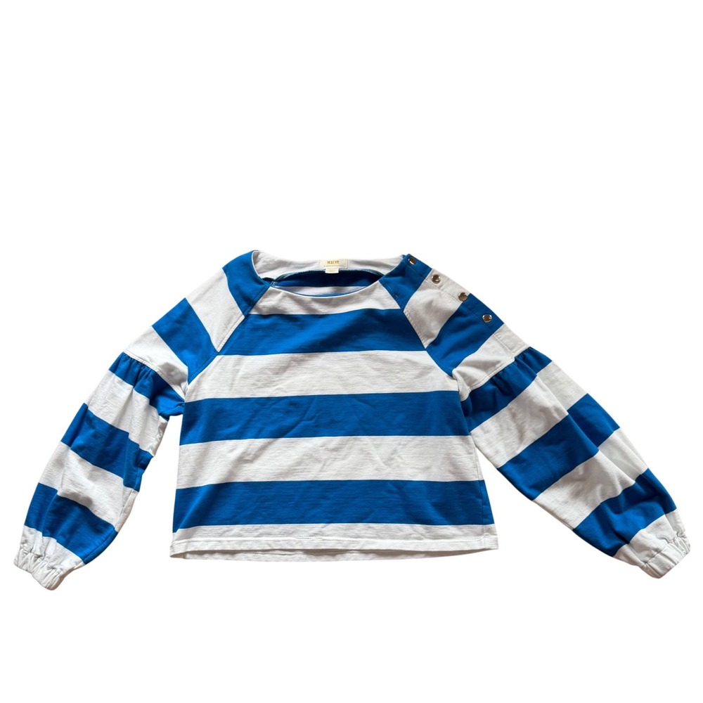 Maeve Anthropologie Blue White‎ Striped Button Shoulder Puff Sleeve Top Small